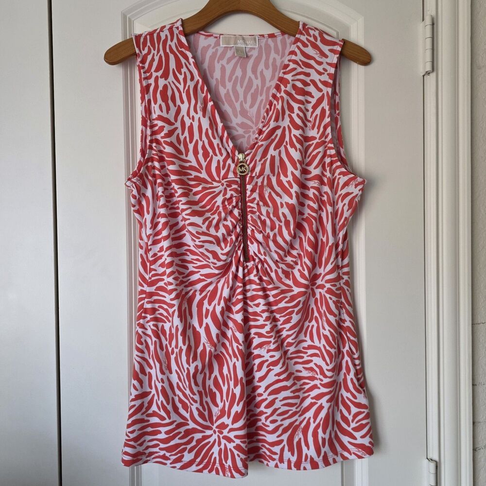 Michael Kors Women L Coral White Sleeveless Zip Front Top animal-inspired Print